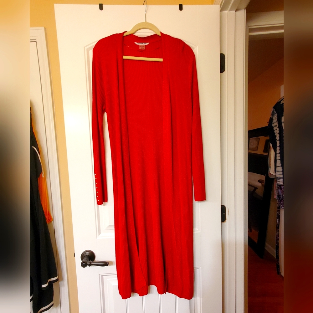 Nygard - red cardigan duster with gold flakes throughout. Never been worn